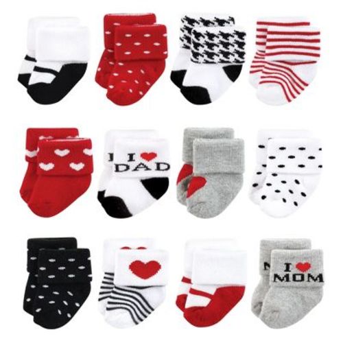 Hudson Baby Infant Girls Cotton Rich Newborn and Terry Socks, Mom and Dad Girls Red Black, 6-12 Months