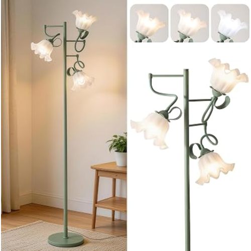 Flower Floor Lamp for Living Room, Elegant Flower Standing Lamp with 3 Bulbs, Green Floral Tall Lamp with 3 Color Temperature, Foot Switch, Kids Cute Floor Lamp for Bedroom Reading Corner Home
