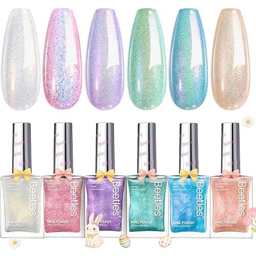 Beetles Glitter Nail Polish Set, 6 Colors Dreamy Pastel Pearl Quick Dry Nail Polish Kit, Long Lasting Shine DIY Manicure Gift for Women Girl Christmas Nail Art