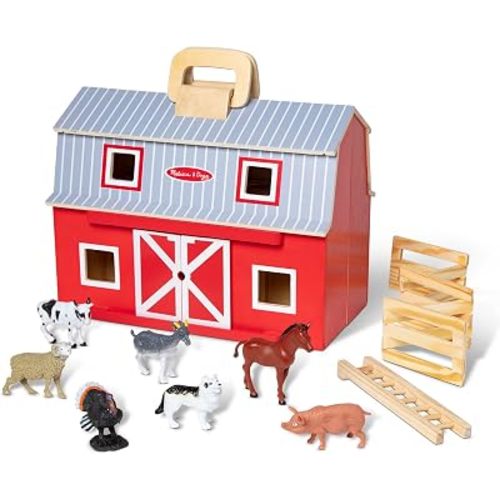 Melissa & Doug Fold and Go Wooden Barn with 7 Animal Play Figures - Farm Animals Barn Toy, Portable Toys, Farm Toys for Kids and Toddlers Ages 3+