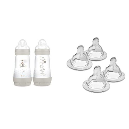 MAM Easy Start Anti-Colic Baby Bottles, 9 oz (2 Count) & Nipples Mixed Flow Pack - Slow Flow Level 1 & Medium Flow Level 2, Fits All MAM Bottles (4 Count)