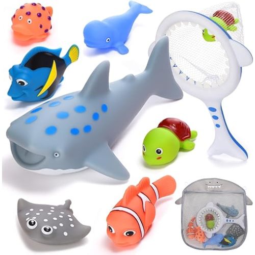 Baby Bath Toys for Kids Ages 1-3, No Hole Water Toys for 6-12 Months Infants and Toddlers, Baby Shark Toys for Pool, Bathtub, Beach, Shower, Boys Girls Gifts with Storage Bag