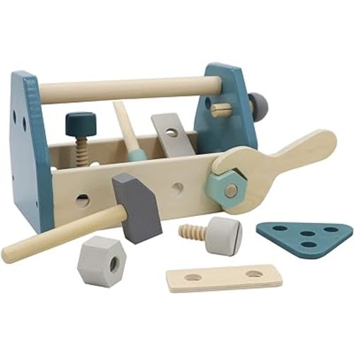 Montessori Wooden Tools Toddler Educational Construction Kids Toys Sets Play Box Preschool Play Tool with Screwdriver Board, Hammer, Spanner, Screws and Nuts for Ages 3+ (Blue)