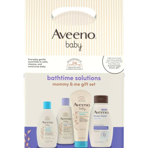 Aveeno Baby Bathtime Solutions Mommy & Me Gift Set, Baby Wash & Shampoo, Calming Bath, Daily Moisturizing Lotion and Stress Relief Body Wash for Mom, Colloidal Oat, Baby Bath Essentials, 4 items