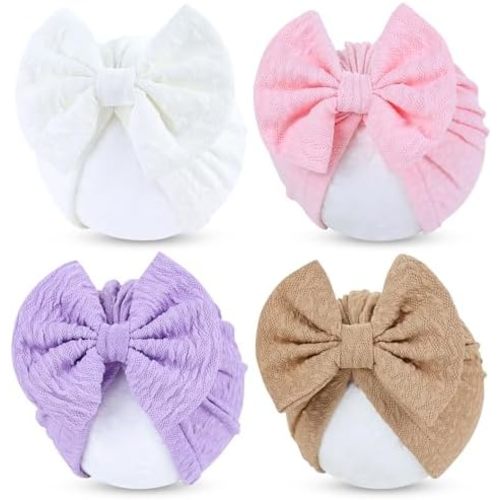 Cinaci 4 Pieces Baby Girls Turban Hats with Bow Newborn Hospital Caps Bonnets Beanies Headwraps for Infants Toddlers