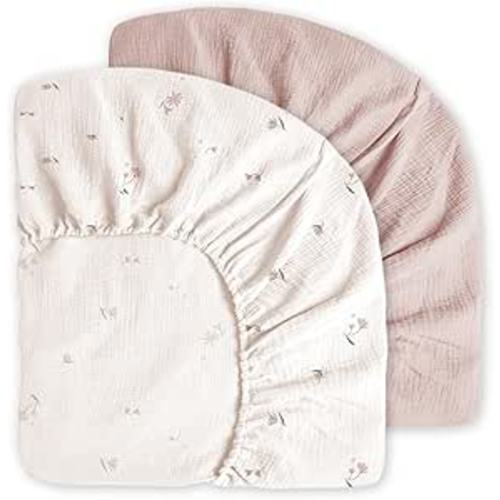 Little Grape Land Muslin Crib Sheets Fitted for Boys and Girls 2 Pack, 100% Cotton Baby Bed Sheets Soft Breathable, Neutral Fitted Baby Mattress Sheets for Standard Crib 52x28 inches, Fog Flower
