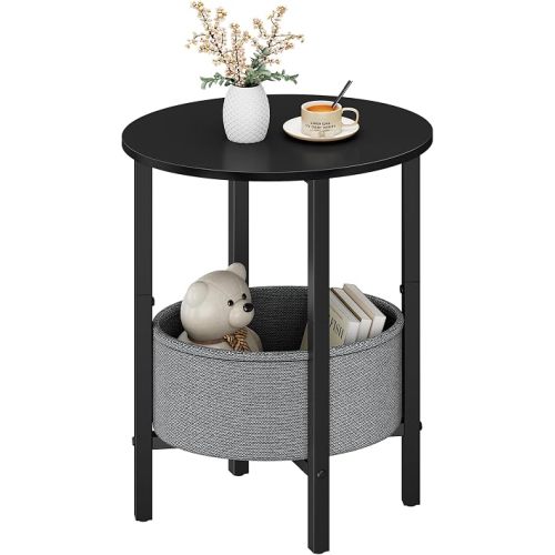 Round Side Table End Table with Storage Basket, Small Side Table Round Nightstand for Small Spaces, Tall Oval End Table with Steel Frame, Coffee Bedside Table for Living Room Bedroom, Black