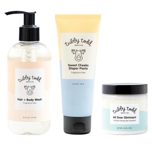 TUBBY TODD Baby Bundle Newborn Skin Care Set - Hypoallergenic Hair + Body Wash, All Over Ointment with Colloidal Oatmeal, Sweet Cheeks Diaper Paste - Fragrance Free, Standard Size