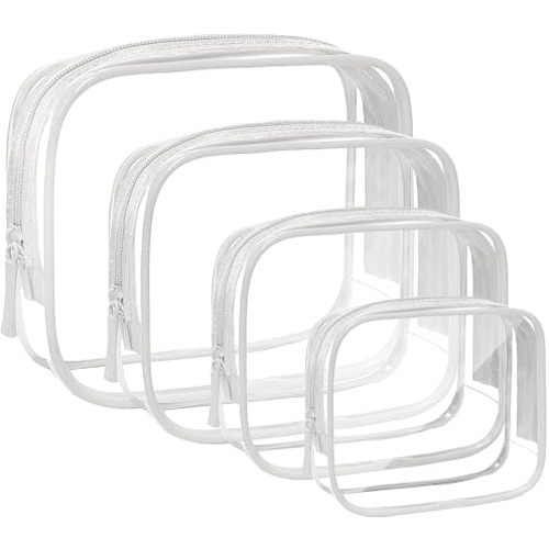 4 Pack Clear Makeup Bags, TSA Approved Toiletry Bag Car Organizer Travel Cosmetic Case Portable Travel Essentials Bags for Toiletries Clear Summer Beach Bag Carry on Airport Airline Compliant Bag