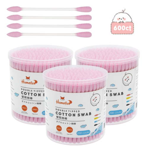 HOMEFOX 600 Count Pink Cotton Swabs with Precision Pointed Tips, Pure Organic Cruelty-Free