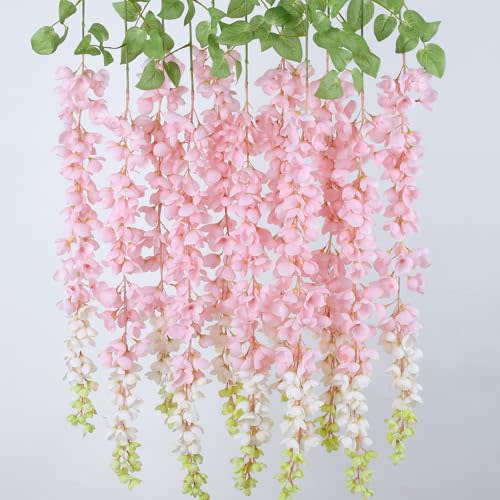 mizii 6Pcs Pink Wisteria Hanging Flowers 48" Silk Wisteria Artificial Flowers Garland Vines Fake Hanging Flowers Decoration for Wedding Flower Wall Backdrop Centerpieces Party Room Decor (Pink)