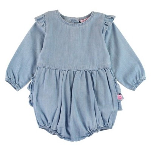 RuffleButts Baby Toddler Girls Long Sleeve Flutter Bubble Romper - Denim, 3-6 Months