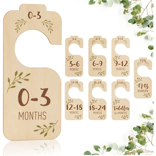 Baby Closet Dividers for Clothes Organizer - Set of 8 Beautiful Wooden Double-Sided Baby Clothes Size Hanger Organizer from Newborn to 24 Months for Boho Nursery Decor