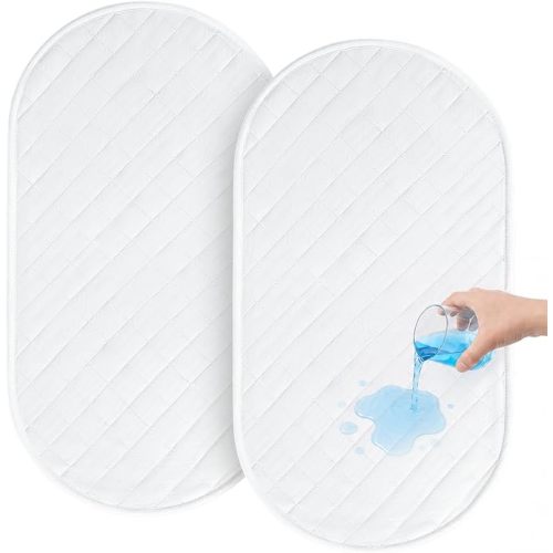 Bassinet Mattress Pad Cover Waterproof 32"x17" Bassinet Sheets, White | Fit for Hourglass/Oval Bassinet Mattress, Quilted Bassinet Mattress Protector, 2 Pack