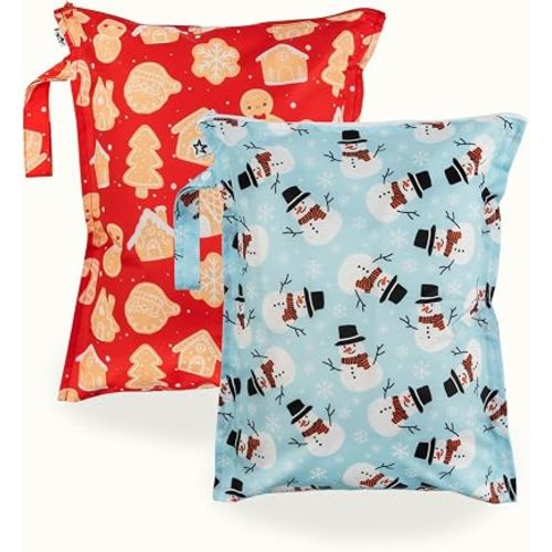 Tiny Twinkle Mess Proof Wet Bags | 2-Pack Reusable Waterproof Wet Bags for Swimsuits | Baby Clothes | Travel & Diaper Bag (Christmas Set)
