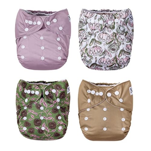 Nora's Nursery Cloth Pocket Diapers 4 Pack with 4 Inserts - Waterproof Cover, Washable, Reusable & One Size Adjustable Pocket Diapers for Newborns and Toddlers - Meadow