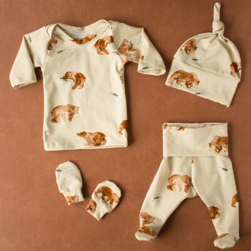 Grizzly Bear Baby Outfit Set Pants Shirt Hat and Mittens