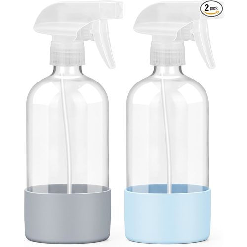 2 Pack Glass Spray Bottles with Silicone Sleeve, 16 oz Empty Refillable Containers with Adjustable Spray Nozzles, Spray Bottles for Hair, Cleaning Solutions and Plants Blue&Grey