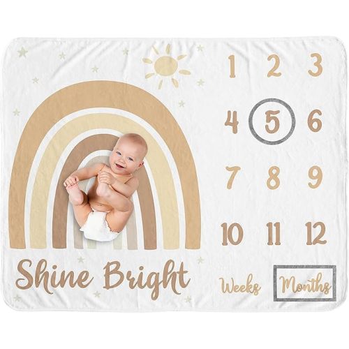 Sweet Jojo Designs Rainbow Vintage Boho Sun Boy Girl Milestone Blanket Monthly Newborn Baby Shower Memory Gift Pumpkin Orange Brown and White Bohemian Sunshine Minimalist Gender Neutral Retro Arches