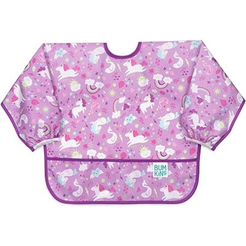 Bumkins Sleeved Bib for Girl or Boy, Baby and Toddler for 6-24 Mos Essential Must Have for Eating, Feeding, Baby-Led Weaning Supplies, Long Sleeve Mess Saving Food Catcher, Soft Fabric, Unicorn Purple