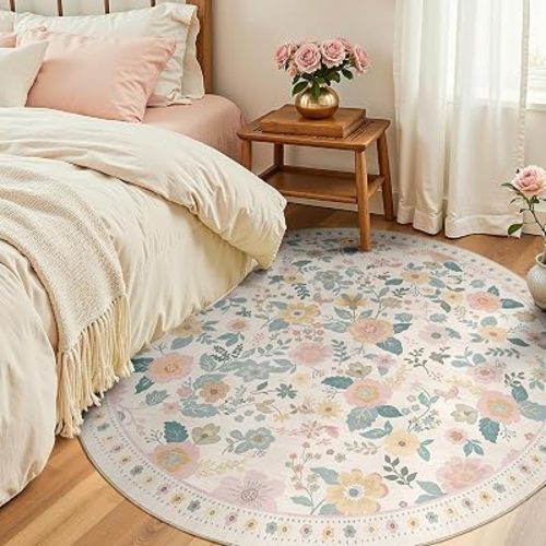 Washable Floral Area Rug for Living Room Round 4ft Light Beige