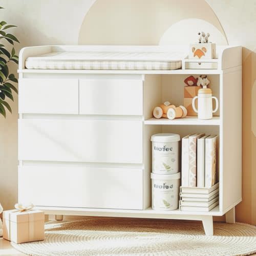 Nursery Changing Table with Storage, Tall Baby Changing Table for Bedroom, Wooden Chest with 4 Large Drawers and 2 Open Shelves