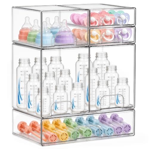 Baby Bottle Organizer 6 Pack Baby Bottle Storage Organizer Clear Bottles Station Acrylic Stackable Container Drawers Bins for Pacifiers,Nipples,Pump Parts for Countertop,Cabinet,Bathroom,Vanity