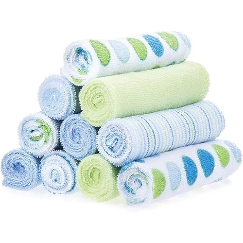 Spasilk Washcloth Wipes Set for Newborn Boys and Girls, Soft Terry Washcloth Set, Pack of 10, Blue Dots