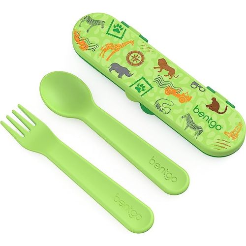 Bentgo® Kids Utensil Set - Reusable Plastic Fork, Spoon & Storage Case - BPA-Free Materials, Easy-Grip Handles, Dishwasher Safe - Ideal for School Lunch, Travel, & Outdoors (Safari)