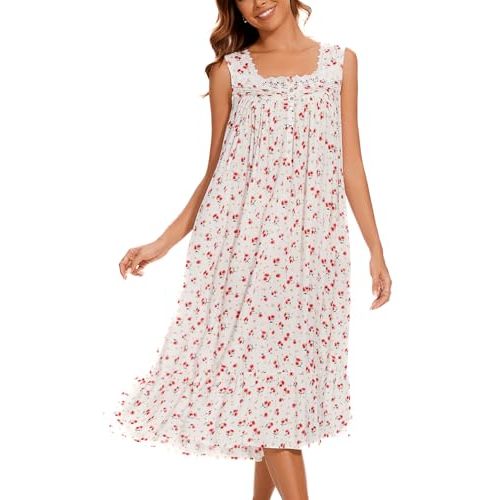 AVIIER Cotton Nightgowns for Women Sleeveless House Dress Ladies Long Nightdress with Pockets S-XXL