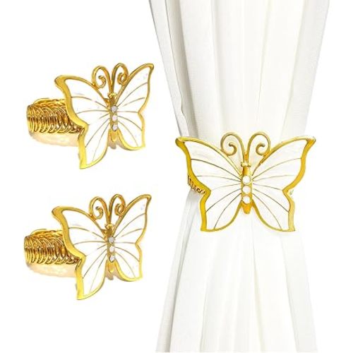 Gold Butterfly Curtain Tiebacks 2Pcs, Metal Curtain Holdbacks, Decorative Spring Curtain Ties Elegant Modern Metal Holdbacks for Living Room, Curtain Ties with Rings, Buckle Holder for Home Office