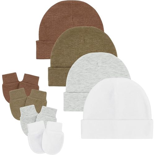 Zando Baby Hats and Mittens Infant Beanie Caps 4-Pack White/Grey/Deep Khaki/Dark Orange Newborn Hospital Hat Essentials Must Haves Warm Knit Beanie Safety Anti-Scratch Gloves for Baby Boys Girls 0-6M