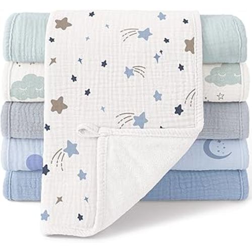 Bearmoss 100% Cotton Muslin Burp Cloths Sets 6 Pack 20x10inch Large Burping Clothes Extra Soft Absorbent for Newborn Unisex Baby Girls and Boys (Bluesky)
