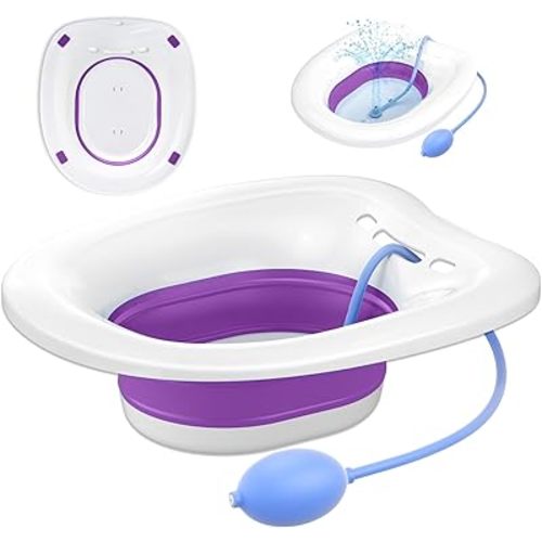 Sitz Bath, Sitz Bath for Toilet Seat, Postpartum Essentials and Hemorrhoids Care Kit - Yoni Steam Seat - Foldable Portable Basin for Epsom Salt Soak - Drain Holes, Deeper Bowl