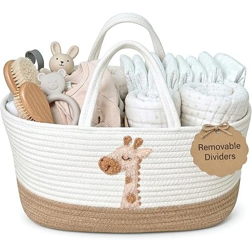 Giraffe Diaper Caddy Organizer for Baby Cotton Rope Nursery Storage Basket 17"x10.5"x7" with Removable Dividers Portable Changing Table Organizer, Car Caddy, Baby Shower Basket