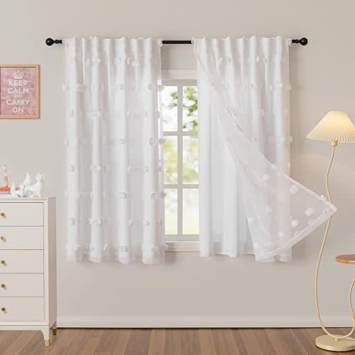 MYSKY HOME White Curtains for Bedroom 63 Inch Long Double Layer Nursery Curtain for Kids Room Kithen White Pom Pom Sheer Back Tab Light Filtering Privacy Protect Window Drapes 2 Panels, 52 x 63 Inch