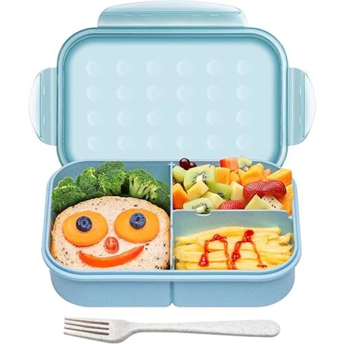 Bento Box for Toddlers, Leakproof 3-Compartment Lunch Box, BPA-Free Wheat Straw Material, Microwave & Dishwasher Safe, 5.5 Cup (Blue)