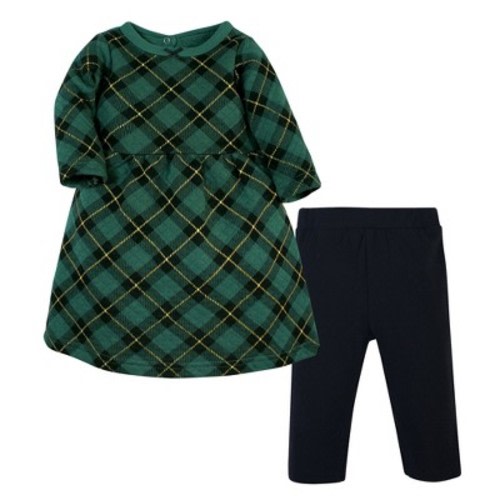 Hudson Baby Infant and Toddler Girl Quilted Cotton Dress and Leggings, Forest Green Plaid, 0-3 Months