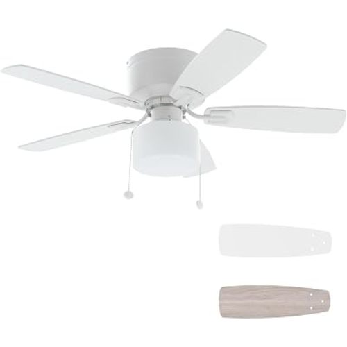 42" Pull Chain Ceiling Fan: Traditional Flush Mount Ceiling Fan with Light - LED Bulb - Dual Finish Blades - Reversible Function for Bedroom - White