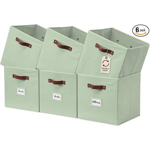 DECOMOMO Storage Bins, Cube Storage Bin with Labels, Fabric Storage Cubes for Shelves (10.5" x 11" / 6pcs, Sage Green)