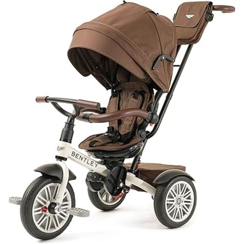Bentley 6-in-1 Baby Stroller & Toddler Tricycle – Officially Licensed Luxury Kids Bike, Convertible Travel Strollers & Kid Trike with Air Wheels, Canopy & Safety Features (6m-5y+ | White Satin)