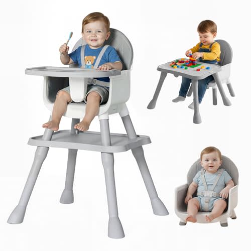 6-in-1 Convertible Baby Highchair, Booster Seat, Toddler Chair & Building Block Table, with Removable Tray, Easy Clean Cushion & 5-Point Harness (Grey)