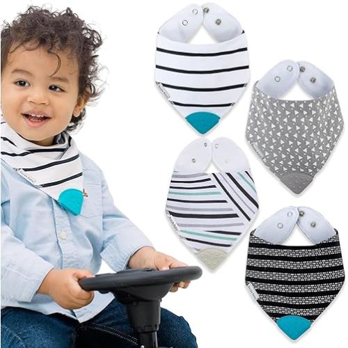 Bazzle Baby Bandana Teething Bibs 4-Pack – Cotton Drool Bibs for Boys & Girls, Silicone Teether for Teething Relief, Adjustable & Absorbent Baby Bibs for Drooling (Black & White)