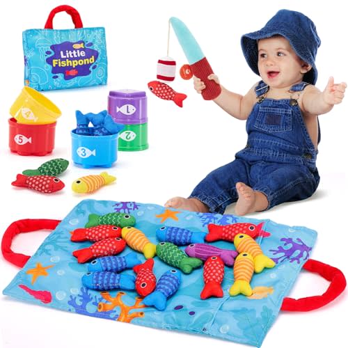 hahaland Toddler Toys Montessori Toys for 1 Year Old Boy Girl Birthday Gift, 10 in 1 Cloth Fishing Game with Stacking Cups- Number Counting, Color Sorting, Shape Learning 1 Year Old Girl Boy Gifts