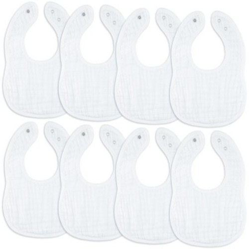 Muslin Cotton Baby Bibs, 8 Pack, Adjustable Size with Easy Snaps, Soft and Super Absorbent, Washable and Reusable By Comfy Cubs - White
