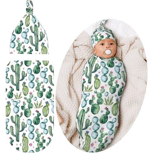 Cute Swaddle Blanket Cactus Baby Stuff Newborn Baby Swaddling Blanket Sleep Sack with Beanie Hat Sets for Boys Girls Infant and Baby Shower Unisex