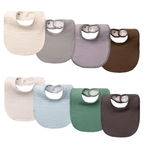 8-Pack Muslin Baby Bibs for Drooling and Teething | Soft& Absorbent, 100% Cotton, Adjustable Neck Fit, Newborn to Toddler 0-36M, with 2 teethers for everyday use