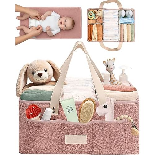 Baby Diaper Caddy Organizer with Portable Changing Mat - Teddy Fleece Diaper Organizer for Changing Table - Basket for Changing Essentials - Baby Essentials Organizer with Removable Dividers