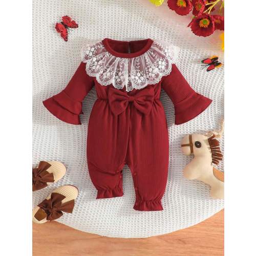 Baby Girl Lace Splice Flare Sleeve Jumpsuit With Lovely Bow Decoration, Long Sleeve | SHEIN