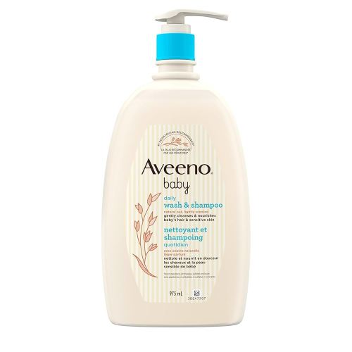 Aveeno Baby Wash and Shampoo - Gentle 2-in-1 Body Wash with Natural Oat Extract for Sensitive Skin - Tear-Free, Hypoallergenic Cleanser, Free from Parabens, Sulfates & Dyes - 975ml